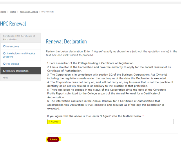 Image of RCDSO Portal declaration page. 